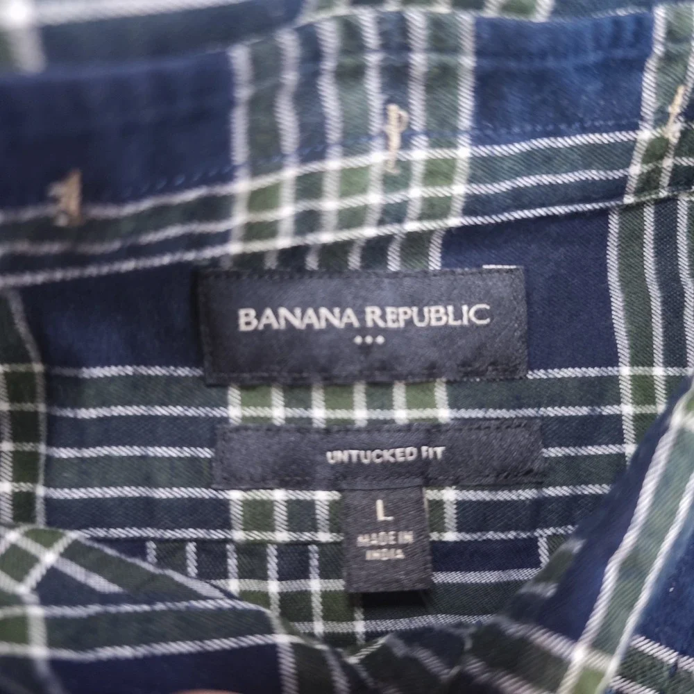 Banana Republic Shirt‎ Mens Large Untucked Fit NWT Blue Green Plaid Long Sleeve